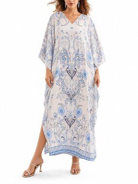 Women's White Floral Caftan Beach Cover Up Full Length Maxi Gown Dresses